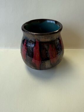 Hand Thrown Studio Pottery Vase in Earthy Tones w/ Red Accents and Teal Inside.